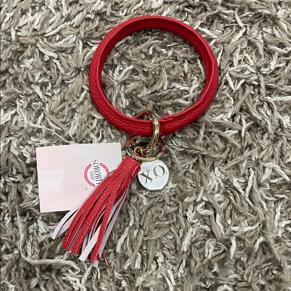 Red Leather Tassel Keychain Bracelet sorority Chi Omega FSU NWT